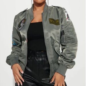 Fashion Nova Olive Green Patch Aircraft Bomber Jacket NWT